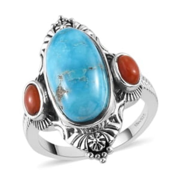 Blue Ridge Turquoise and Mediterranean Coral Ring in Sterling Silver Size 7 NWT - Picture 3 of 8